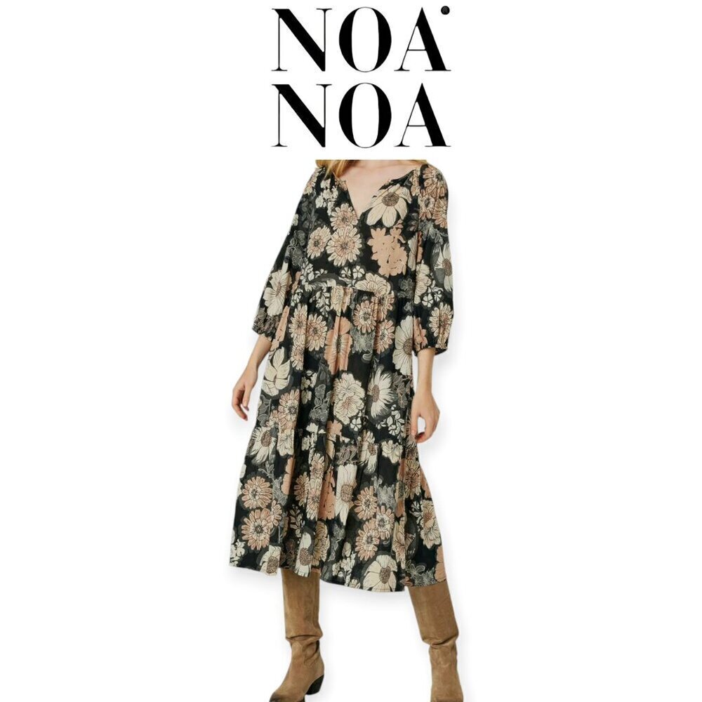 Noa Noa Organic Cotton Floral Dress Cottagecore Fairycore Boho Chic V-Neck 3/4 S